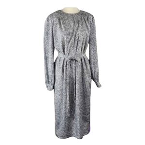 Vintage 80s Debra Martin Black White Midi Dress Tie Waist Long Sleeve Womens 10